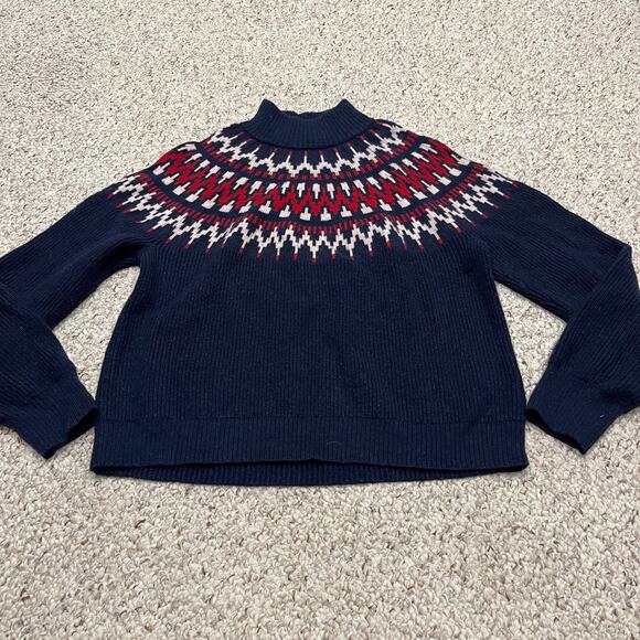 J Crew Fair Isle Mockneck Pullover Sweater Sz L Navy Red Nordic Winter Preppy - Picture 1 of 7